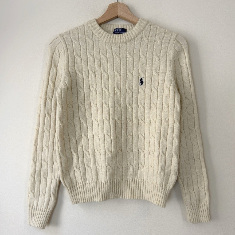 Vintage Women's Polo Ralph Lauren Cable Knit Ivory Cotton Crewneck Sweater XS